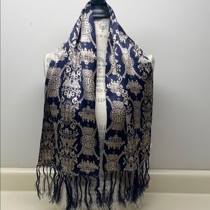 Asian Print Navy/Cream 100% Silk Knotted Fringe Ends Scarf Men or Women EUC
